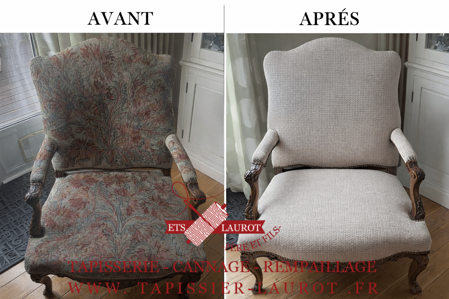 Le Pecq 10 Comparatif avant après d’un fauteuil Louis XV restauré avec garnissage traditionnel en crin au Pecq 78