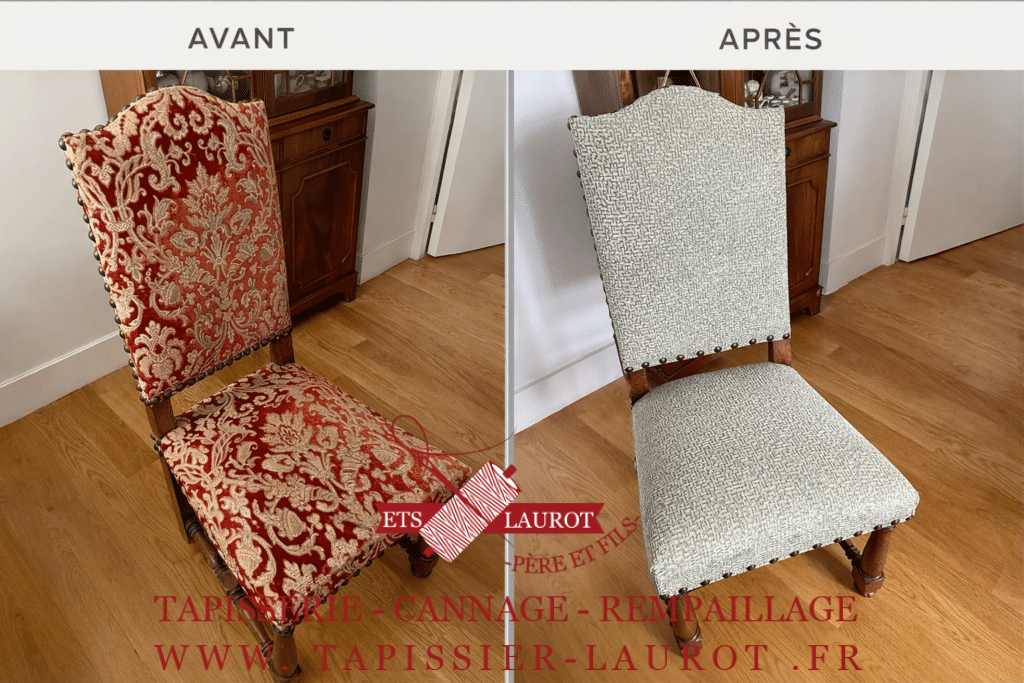 Chaise Louis XIII avant restauration avec ancien tissu rouge damassé usé